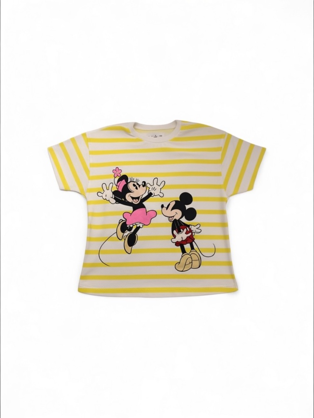 Zara Yellow & White Striped Tee with Mickey & Minnie Graphic
